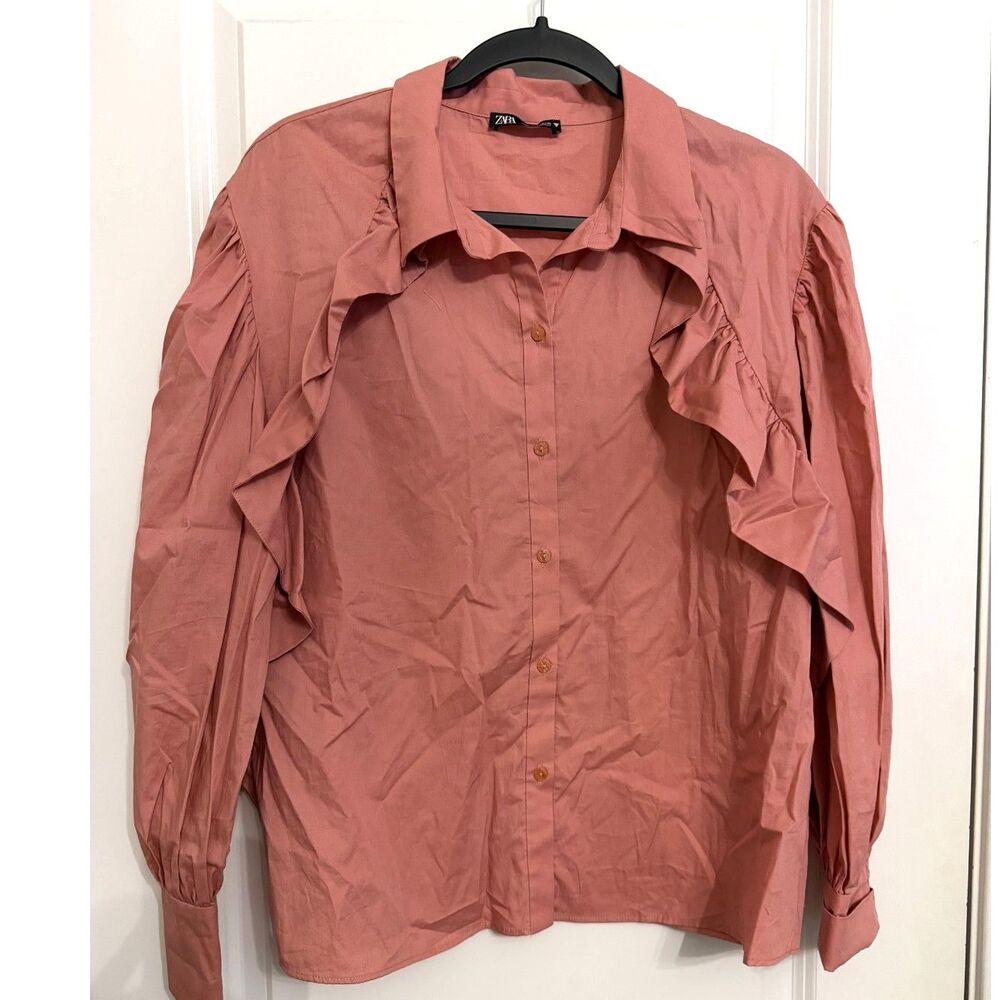 Zara Women’s Ruffle Button-Down Blouse – Size L – Dusty Rose